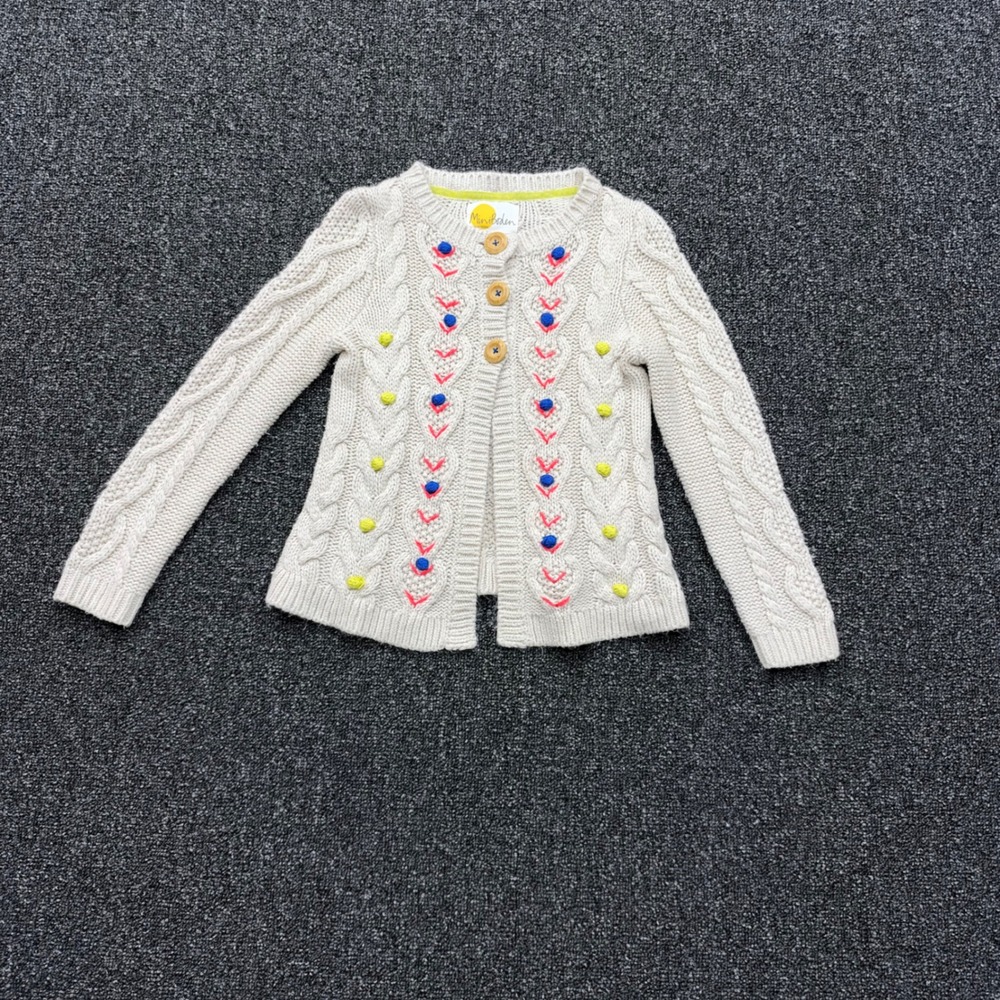Mini Boden Cable Knit Pom Pom Cardigan Kids 5-6Y Cream fair boho cottagecore
